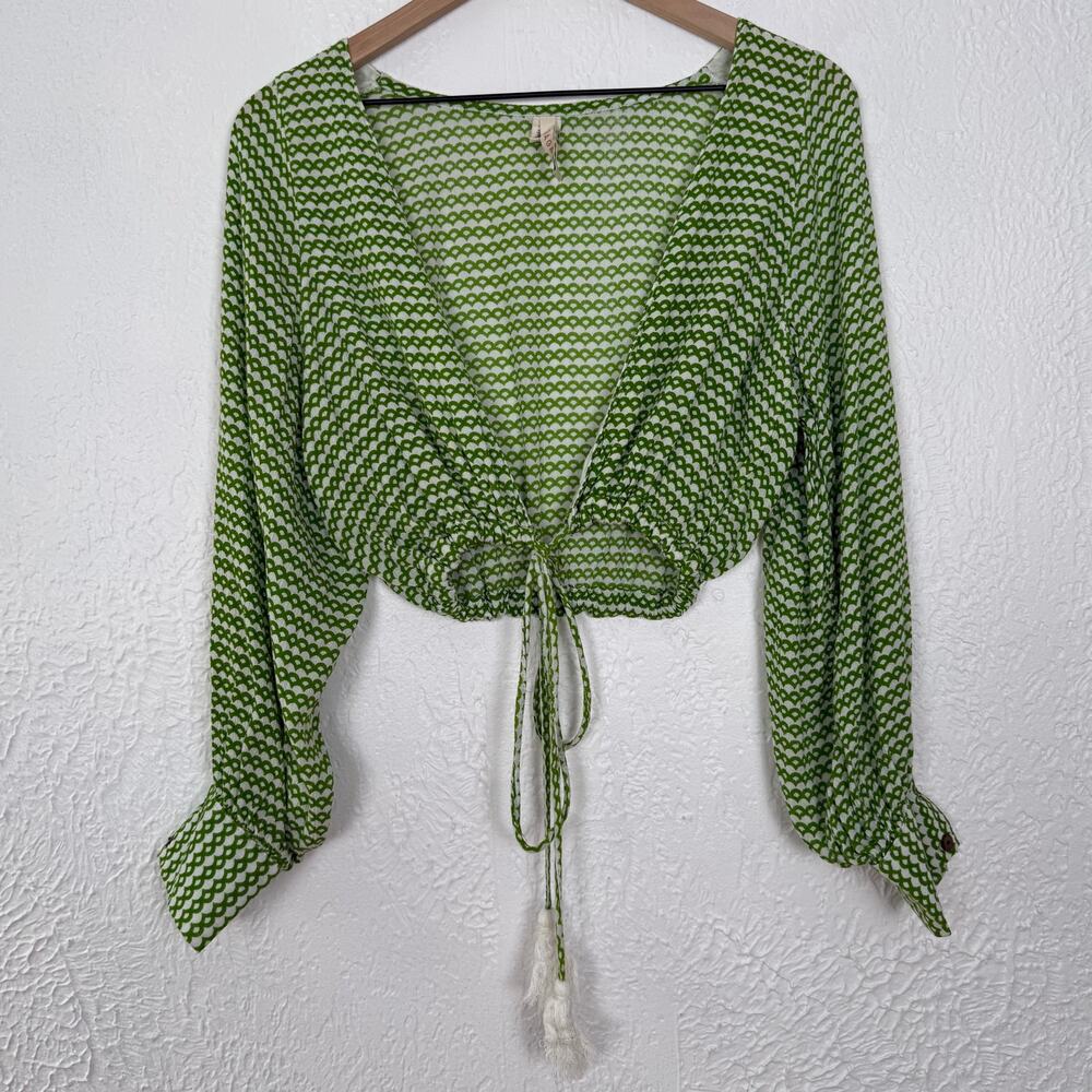 Raga Boho Tie Front Crop Top Green Geometric Long Sleeve Blouse Size Medium